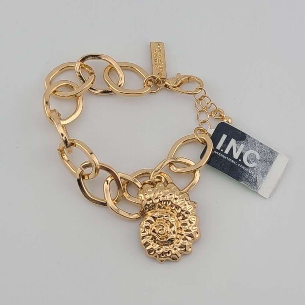 INC International Concepts Gold Tone Nautilus Shell Charm Chain Link Bracelet